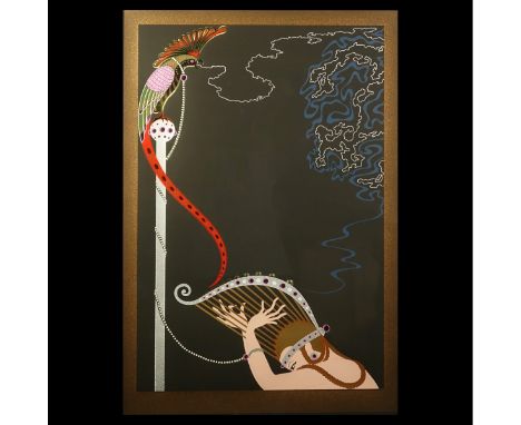 Erte Serigraph "Enchanted Melody". Unsigned. Measures 40" x 28-1/4" (sight), frame measures 54-3/4" x 43". Condition: Good co