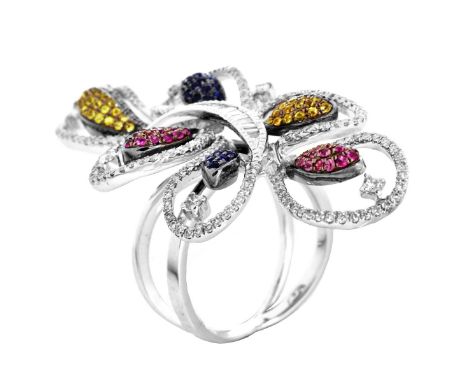 .90 Carat Diamond, .50 Carat Multi Color Sapphire and 18 Karat White Gold Ring. Stamped 750. Ring size 6-3/4. Approx. weight: