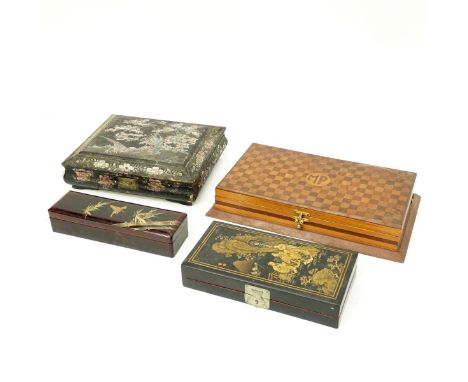 Grouping of Four (4) Vintage Wooden Boxes. Includes a Chinese mother of pearl inlaid box, 2 Chinese lacquered boxes, and a pa