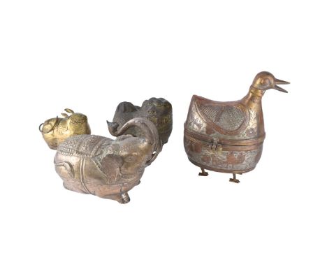 Grouping of Four (4) Vintage Brass Figural Boxes. Includes: Elephant, Rat, Dhokra bird and Foo dog box. Bird measures 9-1/2" 