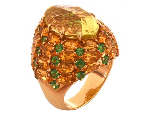 Rodney Rayner Marquise Cut Citrine, Yellow Sapphire, Tsavorite Garnet and 18 Karat Yellow Gold Ring. Fine quality stones thro