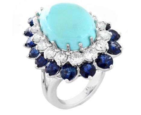 Vintage Approx. 3.0 Carat Round Brilliant Cut Diamond, 4.0 Carat Sapphire, Pear Shape Persian Cabochon Turquoise and 18 Karat