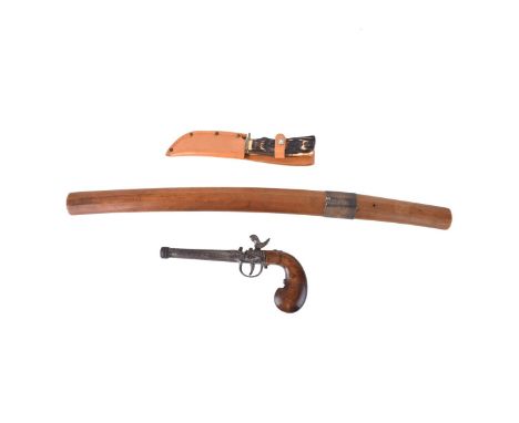 Grouping of Three (3) Vintage Weapons. Includes: Japanese short sword, dagger with cover, and flint pistol. Sword measures 25