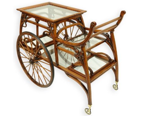 Vintage Medea Art Nouveau Inspired Italian Wood and Glass Rolling Tea/Serving Cart. Signed Medea Made In Italy. Measures 34-3