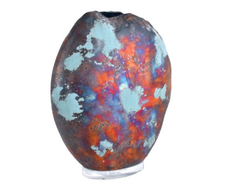 Large Studio Ceramic Vessel on Lucite Base by Evans Ceramic Gallery. Signed and numbered 295 to base, original label attached