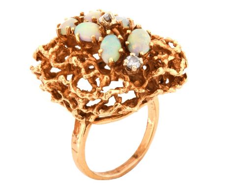 Vintage Oval Cabochon Opal, Diamond and 14 Karat Yellow Gold Ring. Stamped 14K. Ring size 9. Approx. weight: 14.8 grams. Cond