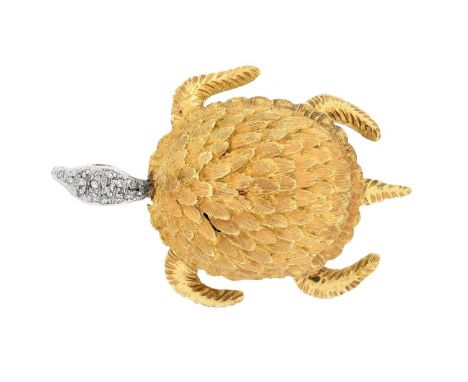 Vintage 18 Karat Yellow and White Gold Turtle Brooch with Small Diamond Accents. Stamped 18K. Measures 1-1/2" L, 1-1/8" W. Ap