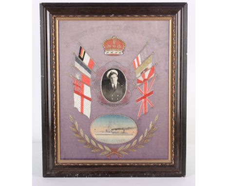 [Militaria] ‘In Memory of my Cruise in China Waters 1928 - 1929 - H.M.S. Castor’ a fine silk embroidered panel, the centre be