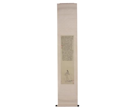 A large Chinese scroll painting, 20th century, with a fortified building in the foreground, 120cm by 59cm and another Chinese