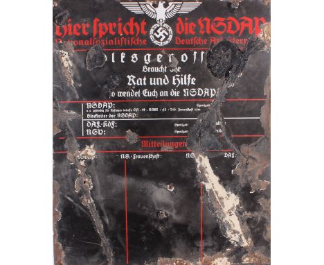 [Militaria] A Second World War NSDAP Enamel Sign in relic condition, mounted on wooden board for display, excavated in the 19