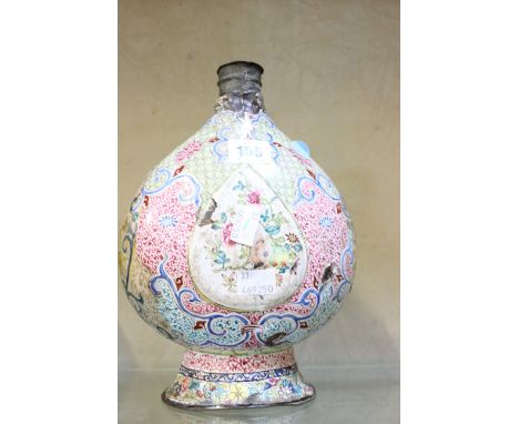A Chinese enamel flask, 18th century, the flattened ovoid body decorated with two tear chaped panels of fruit and flowers on 