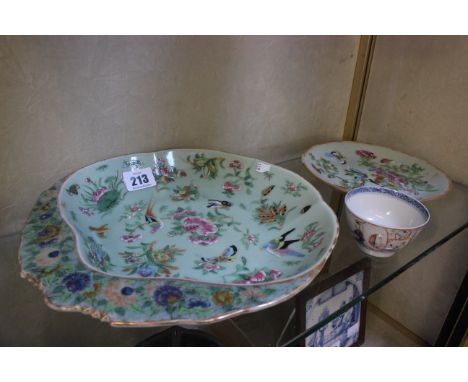 A Chinese Celadon plate, decorated in typical enamel colours with butterflies and floral sprays, two other Celadon plates and