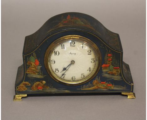 A CHINOISERIE LACQUERED MANTEL CLOCK, the 3.5" dial with enamelled Arabic numerals and signed Asprey, on a French movement, t