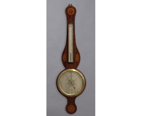 A 19TH CENTURY INLAID MAHOGANY WHEEL BAROMETER, the silvered dial marked for Jas. Gatty, London, height 94cm