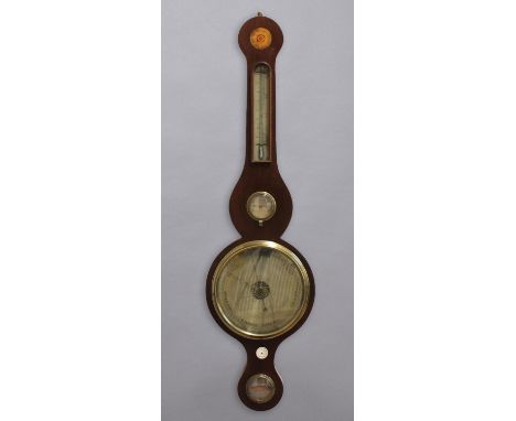 AN INLAID MAHOGANY WHEEL BAROMETER, with silvered dials and maker's mark for Giana, Shrewsbury, height 93cm