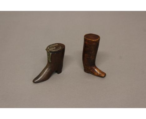 A 19TH CENTURY TREEN SNUFF OR TOBACCO BOX, in the form of a boot, with brass pin decoration spelling out 'Forget Me Not', wit