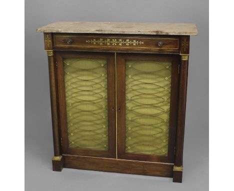 A REGENCY ROSEWOOD CHIFFONIER, the rectangular marble top above brass inlaid drawer and frieze, brass grille doors flanked by