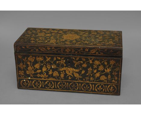 A REGENCY PENWORK TEA CADDY, of rectangular form, the top and sides worked with meandering flowers and vines with central sty