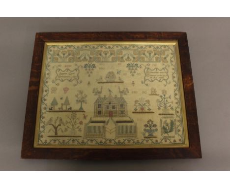 AN EARLY 19TH CENTURY SAMPLER, by Agnes Orr, Bathgate, age 10 (undated), worked with animals, birds, coronets, thistles and o