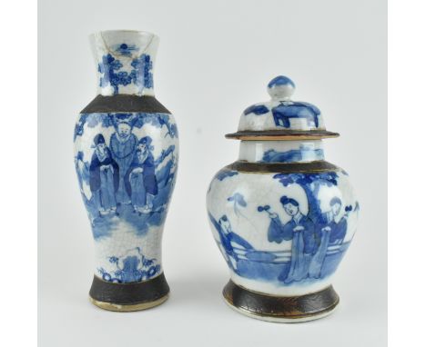 Two late Qing dynasty Nanking export ceramic jar and vase. The lot comprising a Nanking crackled jar with lid decorated with 