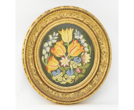 A mid to late 19th century Victorian needlework tapestry presented in a contemporary gilt frame. The tapestry on green ground