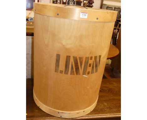 A plywood cylindrical linen box and cover, h.61cmSome light surface marks,  otherwise very good.