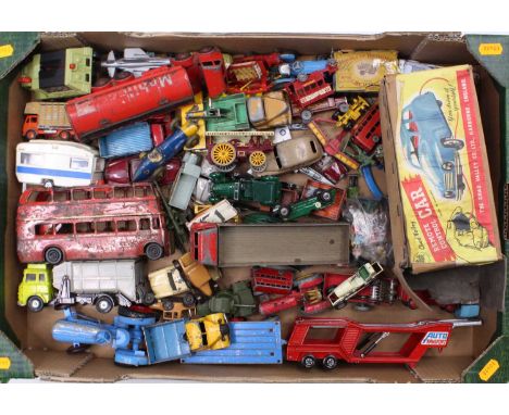 One tray containing a quantity of mixed playworn diecasts, to include a Dinky Toys Mobil gas tanker, a Dinky Toys 8-wheel Fod