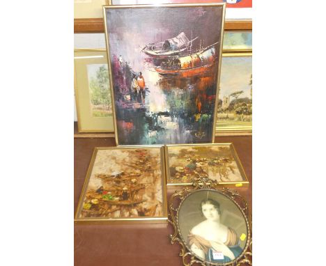 Reproduction portrait print in gilt metal frame, far eastern pallet knife oil, and two eastern oleographs (4)