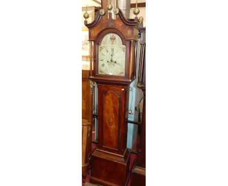 A George III mahogany and satinwood inlaid longcase clock, having an arched painted dial signed Jos Parish, Brigg, with twin 