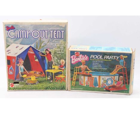 A Barbie Mattel 1970s box set group to include a No. 4288 Camp out tent, together with a No. 7795 Barbie's Pool Party, both h