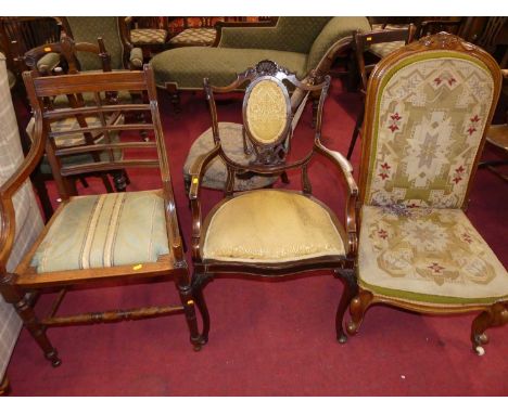 A mid-Victorian walnut framed and tapestry needlework upholstered nursing chair, together with a late Victorian mahogany ivor