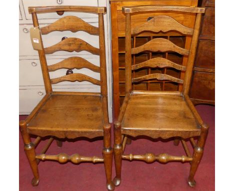 A set of four 19th century elm and fruitwood ladder back panelled seat dining chairs, together with a similar matching pair (