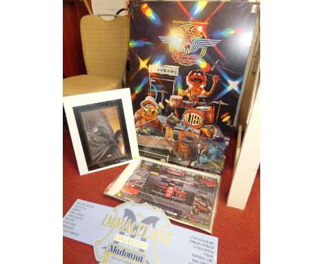 Assorted promotional items to include The Muppet Show Presents, a poster print Formula One interest, rolled posters etc