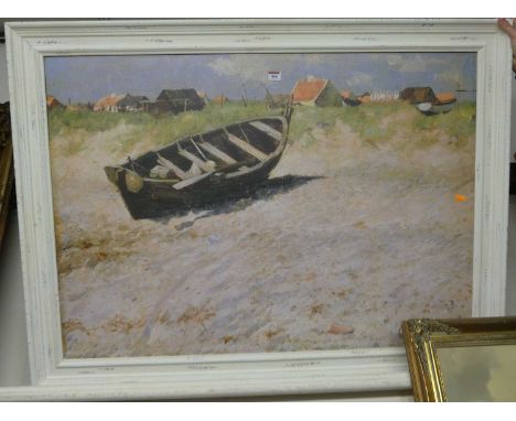 Oscar Bjorck (Swedish 1860-1929) - Rowing boat on the beach in summer, print on canvas, 78 x 110cmSome light marks only, othe