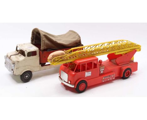 A Triang Toys pressed steel open back truck with rubber tyres, together with a Pippin Toys plastic model of a Merryweather Fi