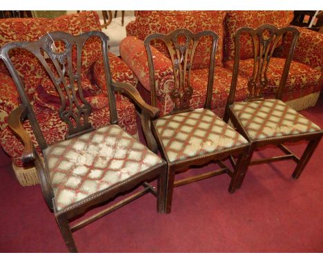A set of six early 20th century mahogany Chippendale style dining chairs, having upholstered drop-in pad seats (4+2), togethe