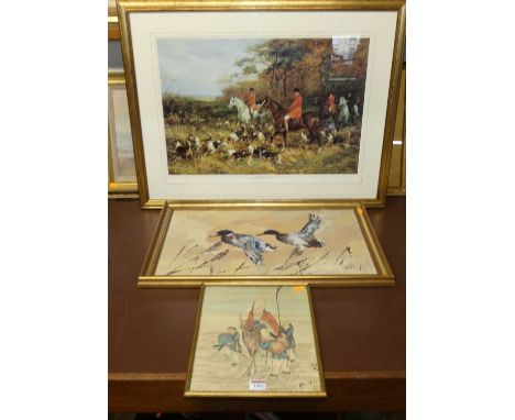 After Hayward Hardy - Drawing the Covert, reproduction print, pallet knife oil, woolwork panel, etc (5)