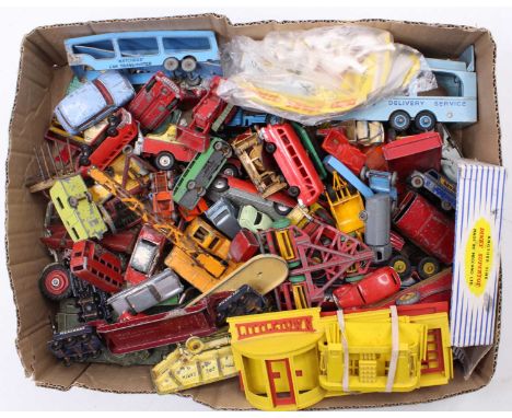 A tray of mixed Dinky, Corgi, and Matchbox Toys play-worn diecasts, with examples including a Dinky Toys Pullmore Car Transpo