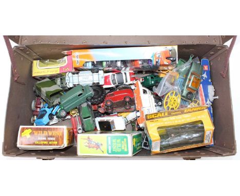 A case containing a collection of mixed play-worn diecasts, with examples including a Corgi Toys Porsche Targa, a Dinky Toys 