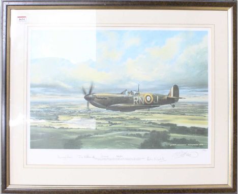 A pair of framed and glazed prints of World War 2 fighter aircraft, with the first comprising a Spitfire following a Messersc