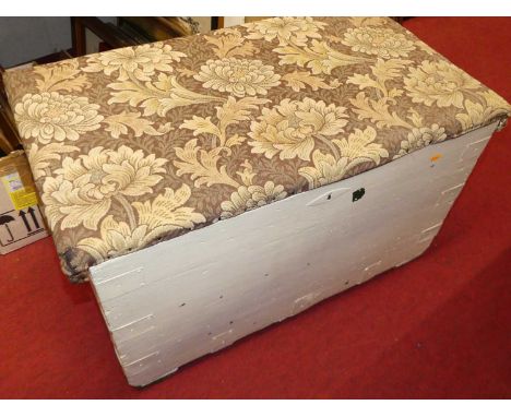 A 19th century and later white painted pine and metal bound, further floral tapestry topped, hinged tool chest, w.88cm 