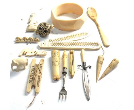 Selection of Antique &amp; vintage bone items includes silver pickle fork page marker etc 