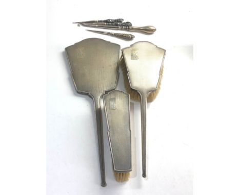 Antique silver brush set &amp; silver button hooks etc 