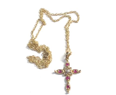 9ct gold ruby &amp; diamond cross necklace weight 1.8g 