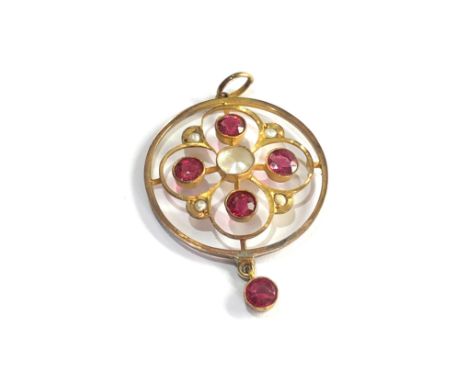 Antique synth ruby &amp; pearl pendant 2.3g 