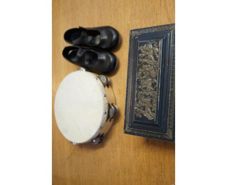 Pair of child's tap shoes, tambourine & vintage William Crawford biscuit tin 