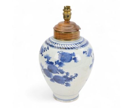 20th century Chinese blue and white vase converted to a table lamp, decorated with birds amongst flowering branches, H40cm 