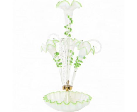 Victorian vaseline glass three basket epergne, H55cm