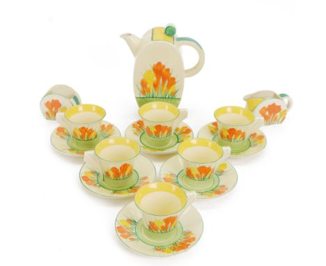 Clarice Cliff Biarritz Bonjour shape tea service for six, in Sungleam Crocus pattern, comprising teapot, milk jug, open sucri