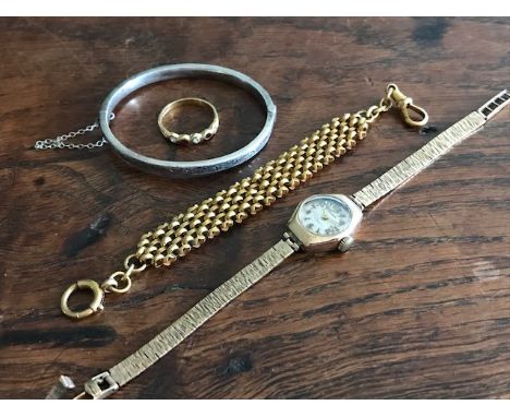 A high carat gold fob watch chain, a ladies 9ct Precista wristwatch, an 18ct ring and a silver hinged bangle, approximate wei